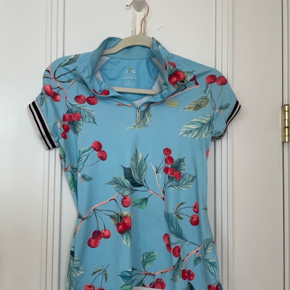 Kastel Denmark Blue Cherry Print Polo Shirt short sleeve S